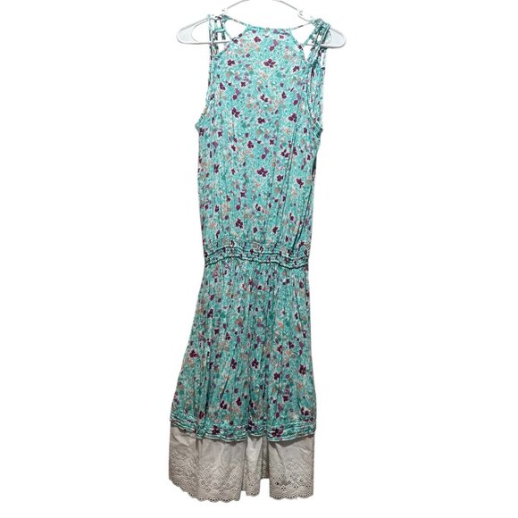 Poupette St.Barth Floral Midi Dress Women Small Aqua Elastic Waist Tassel Resort - Picture 2 of 16